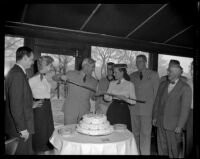 Tyrone Power celebrating his birthday with Betsy Palmer, Maureen O’Hara, Patrick Wayne, Philip Carey and others, during filming of the Long Gray Line, 1954