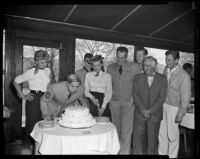 Tyrone Power celebrating his birthday with Betsy Palmer, Maureen O’Hara, Patrick Wayne, Philip Carey, Martin Milner, Peter Graves and others, during filming of the Long Gray Line, 1954
