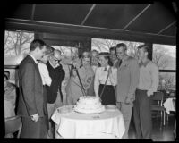 Tyrone Power celebrating his birthday with Betsy Palmer, John Ford, Maureen O’Hara, Peter Graves, Philip Carey, Martin Milner and others, during filming of the Long Gray Line, 1954