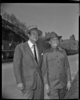 John Wayne visiting son Patrick on location at West Point, during filming of The Long Gray Line, 1954