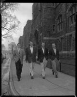 Patrick Wayne, Philip Carey, Robert Francis and William Leslie on location at West Point for The Long Gray Line, 1954
