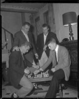 William Leslie, Philip Carey, Robert Francis and Patrick Wayneay during production of The Long Gray Line, 1954