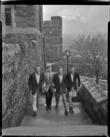 Philip Carey, Patrick Wayne, William Leslie and Robert Francis on location at West Point for The Long Gray Line, 1954