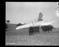 Man landing a glider (possibly during the filming of Gallant Journey), 1946
