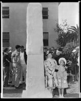 Dedication ceremony for statue honoring aviator John Joseph Montgomery, subject of the Columbia Pictures film Gallant Journey, copy print, Santa Clara, 1946