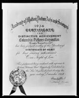 Academy Award certificate of merit for Best Scoring for One Night of Love, 1935