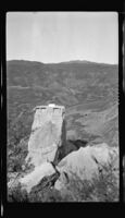 View of the remaining center portion of the St. Francis Dam after its disastrous collapse, San Francisquito Canyon (Calif.), 1928