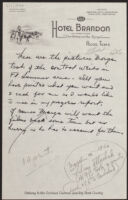 Letter on Hotel Brandon stationery accompanying photographs of weirs in the Fort Sumner area, 1940