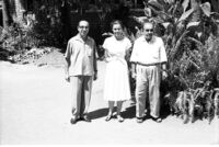 Ashraf Ali Jairazbhoy, Patricia O’Shea Jairazbhoy, and Hussein Visram, the Jairazbhoy Wakf office manager, Colaba (Mumbai, India), 1963