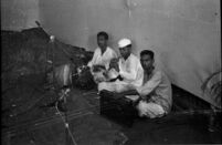 Datta Saunke (nagara), J. R. Yadav (shehnai) and another musician at the Dura Puja festival, Mumbai (India), 1963