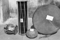 Gummala, ḍholki, vette, and dappu, instruments of the Rāj Gond people, Hyderabad (India), 1963