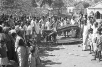Harijan musicians at a Harijan funeral (Mala caste), 2 tamars (with string on lower face, to give buzz), 1 dhol, Vishakhapatnam (India), 1963