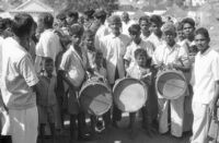 Musicians at a Harijan funeral (Mala caste), 2 tamars (with string on lower face to give buzz), 1 dhol, Vishakhapatnam (India), 1963