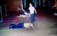 Rehearsal of acrobats for fighting scene