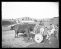 Three children watch a man load a large barrel into cart.